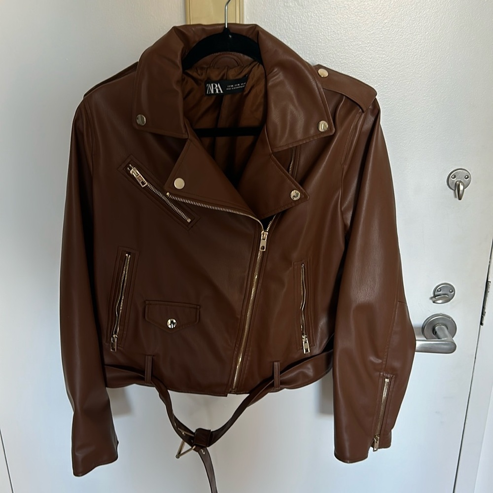 Zara Tan Leather Moto Jacket